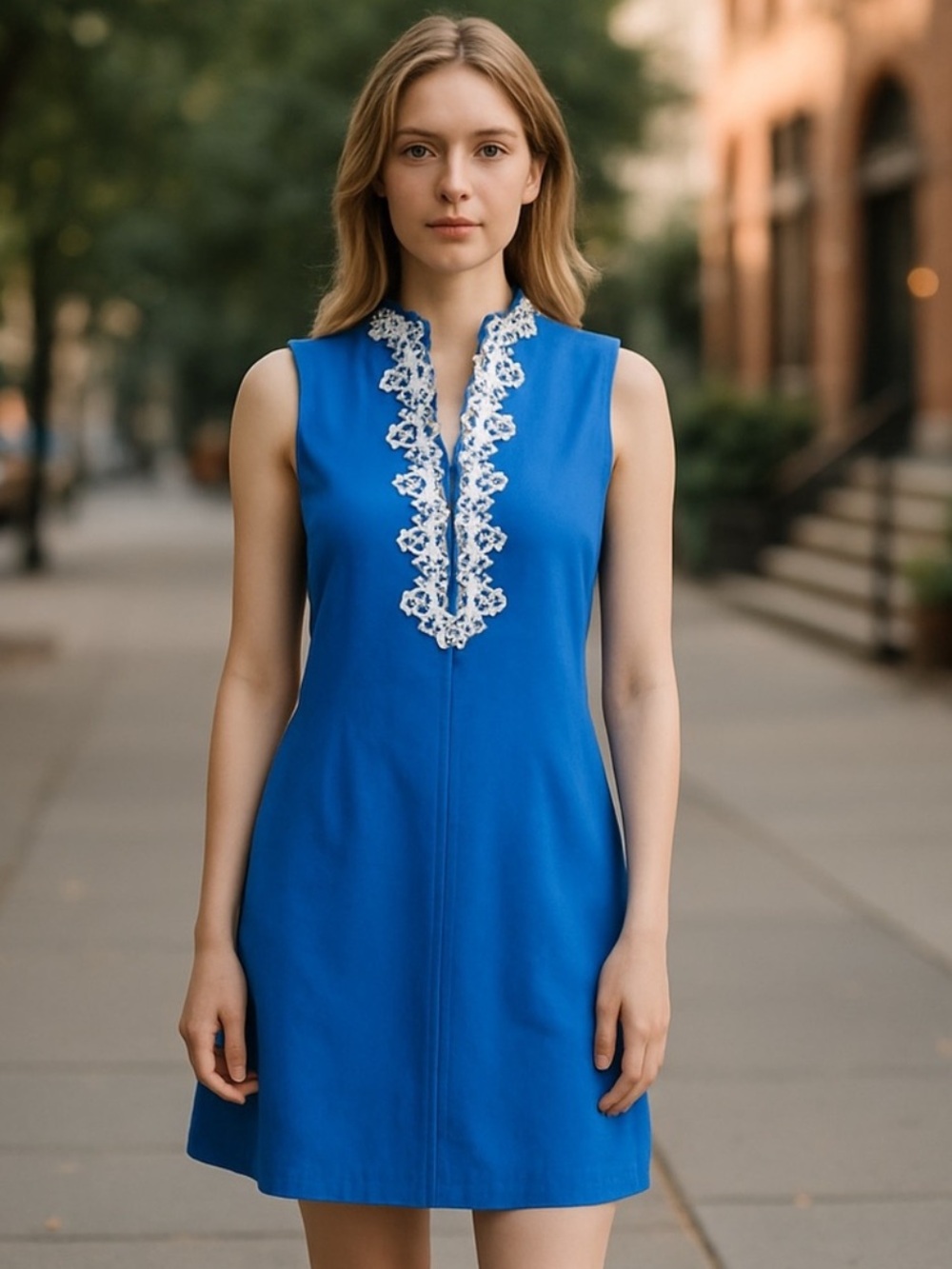 💙Vince Camuto Sleeveless Cobalt Blue Mini Dress with White Lace Placket 16💙